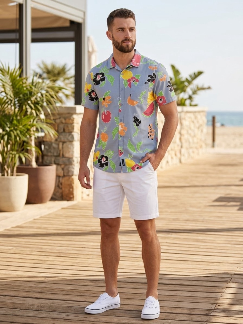 Vans Light Blue Short Sleeve Button Down Shirt with Multi-Color Fruit Print